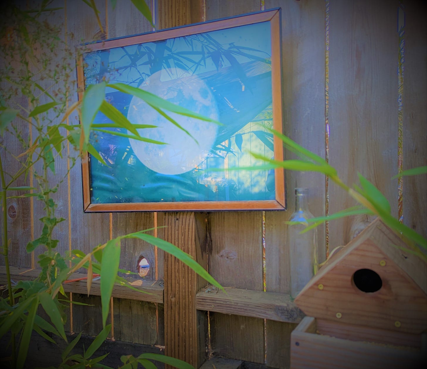 weathered full moon photograph in frame on fence bird house