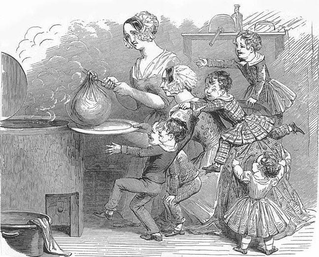 Black and white illustration of 2 woman putting a Christmas Pudding wrapped in cloth into a vat with 4 children looking on