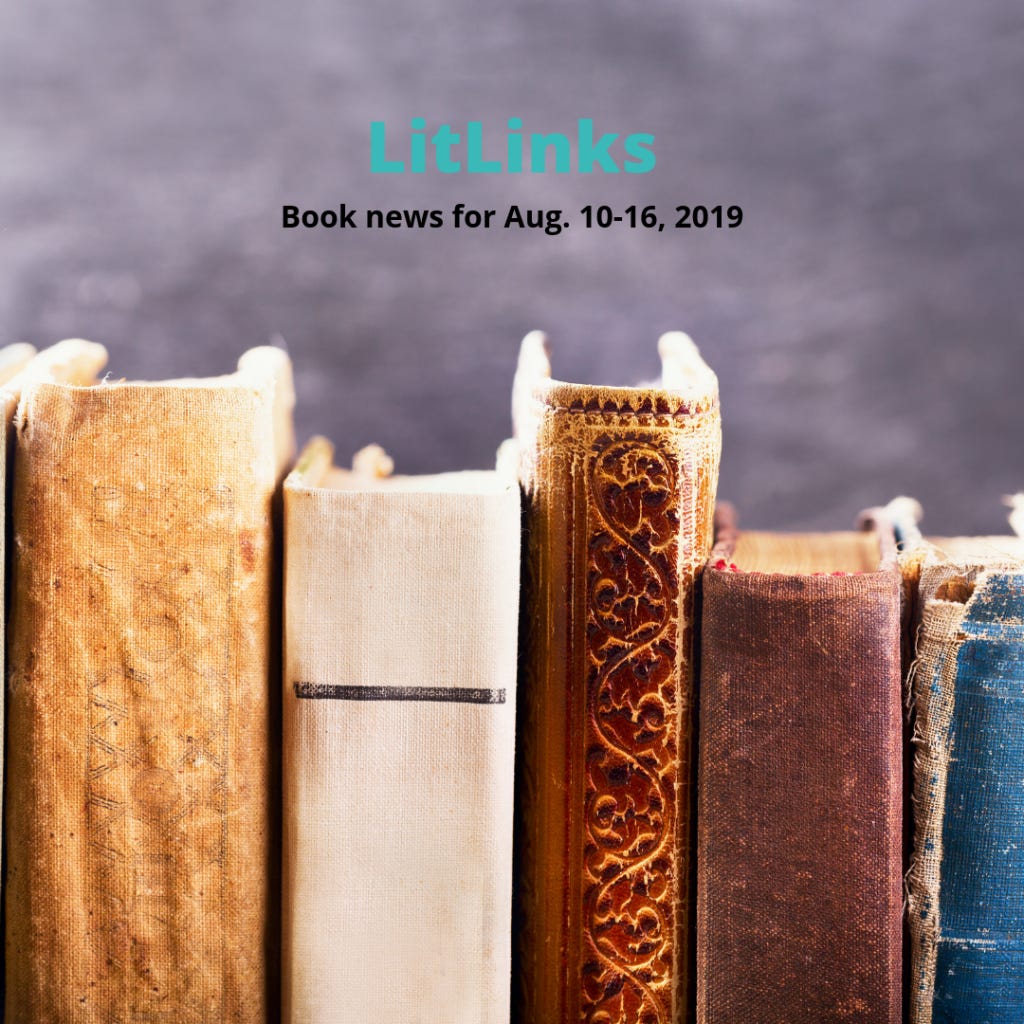 A row of books below the text, LitLinks: Book news for Aug. 10-16, 2019.