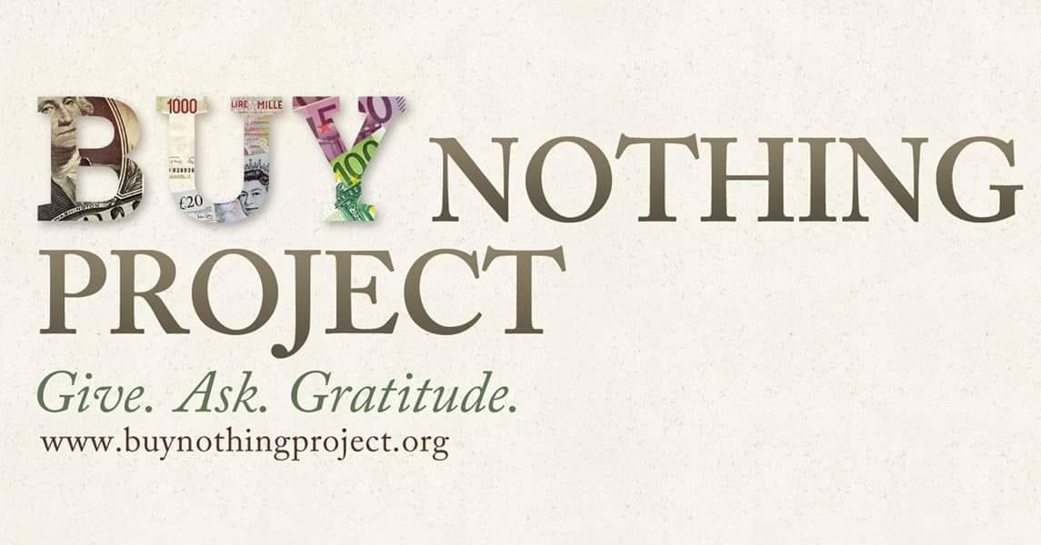The logo for "BUY NOTHING PROJECT". Text below: "Give. Ask. Gratitude." www.buynothingproject.org