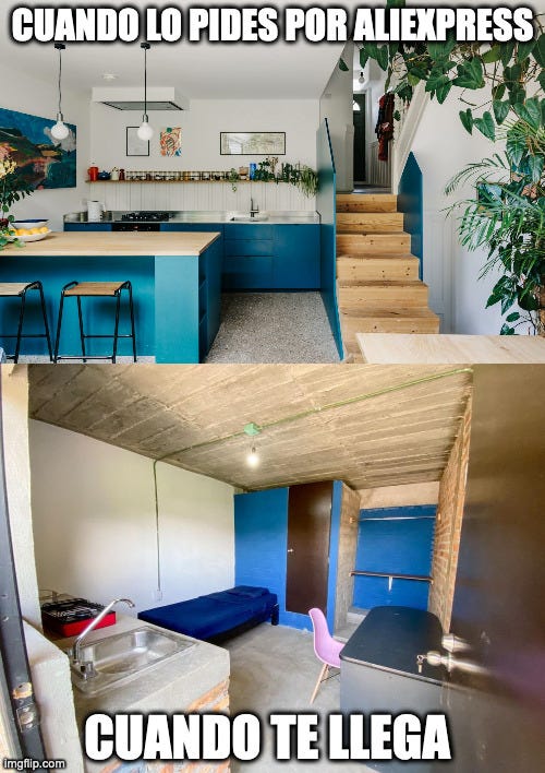 Cuando lo pides por Aliexpress: una cocina preciosa en tonos azules con una escalera que da a una puerta de entrada de la casa, plantas, estilo nórdico industrial. Cuando te llega: un zulo sin ventanas, con hormigón visto, una cama, una minicocina, un escritorio. 