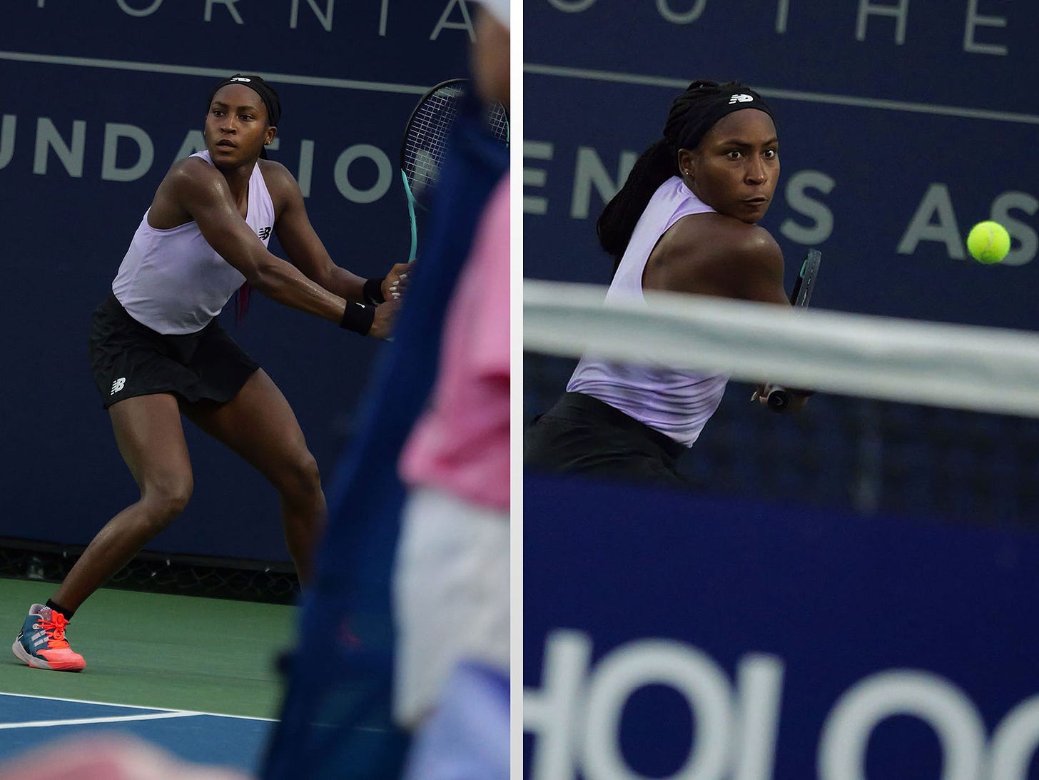 Coco Gauff watches the ball at the San Diego Open WTA500. Photo: Couples Doubles.