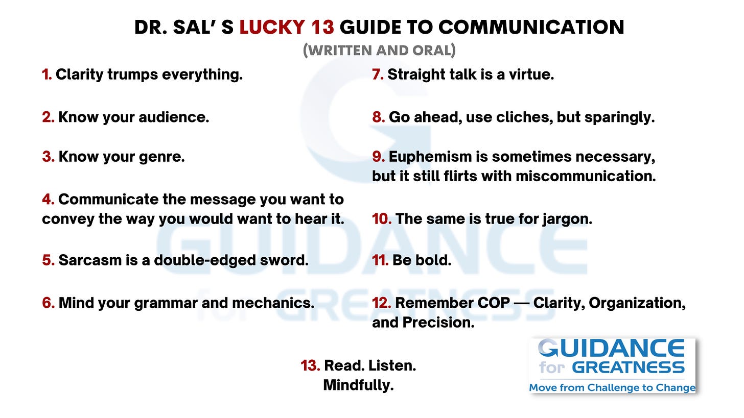 List of Jim's Lucky 13 guide to communication that appears in essay