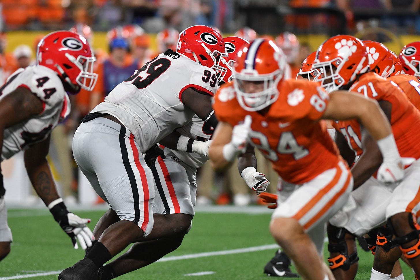 Georgia defensive lineman Jordan Davis (99) during the Duke’s Mayo Classic against Clemson at Bank of America Stadium in Charlotte, NC, on Saturday, Sept. 4, 2021. (photo by Rob Davis) Georgia defensive lineman Jordan Davis (99) during the Duke’s Mayo Classic against Clemson at Bank of America Stadium in Charlotte, NC, on Saturday, Sept. 4, 2021. (photo by Rob Davis)