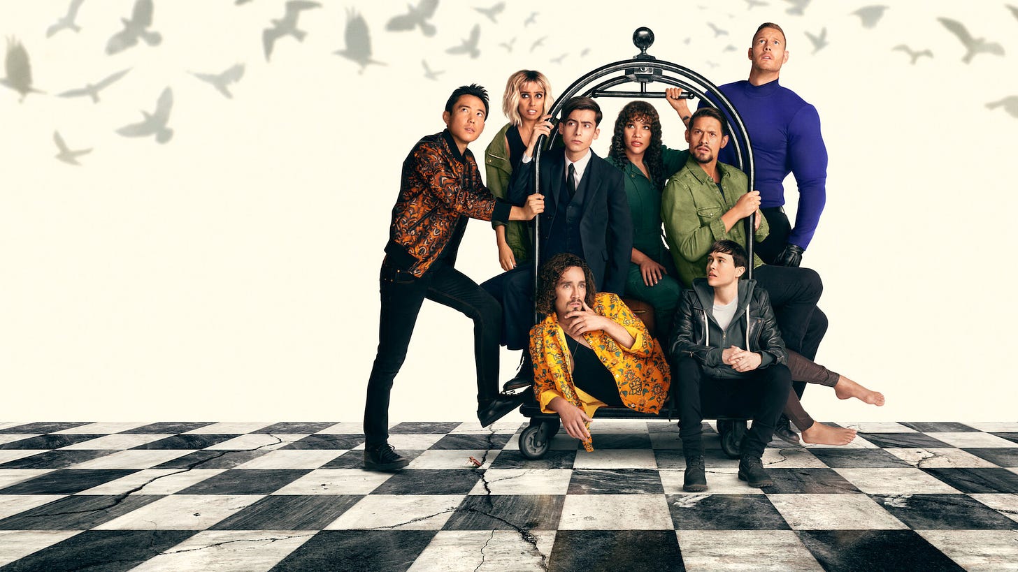 The Umbrella Academy starring Tom Hopper, Emmy Raver-Lampman and Robert Sheehan. Click here to check it out.