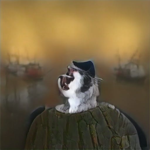 The black and white figure is now distinctly furry and wearing a tricornered hat and rugged boatnecked shirt. The blurs in the background are starting to look like old tall ships.