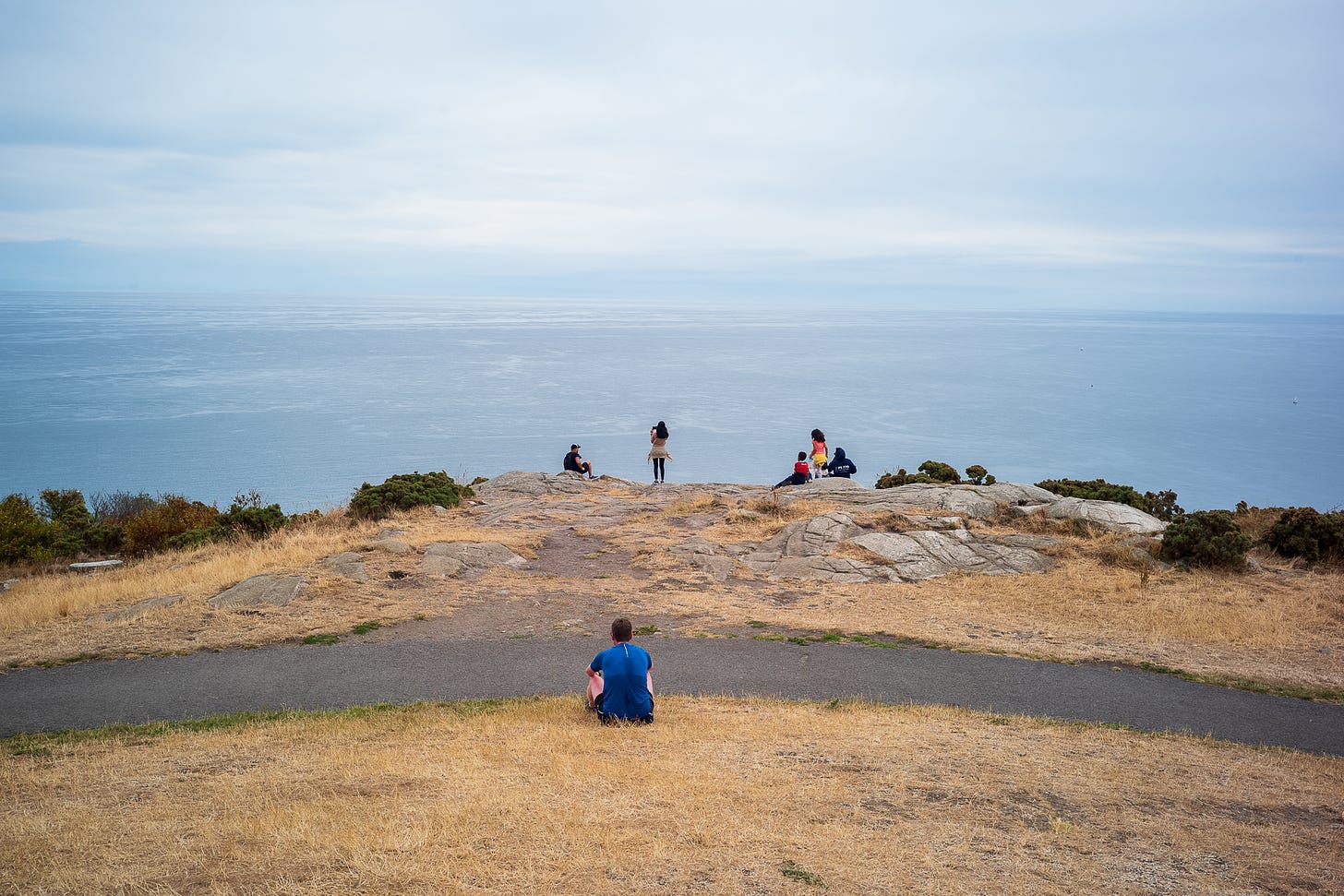 A sweaty runner wearing blue, with his back to the camera, and a few people in front of him, look out from a brown grass rocky hill over a water