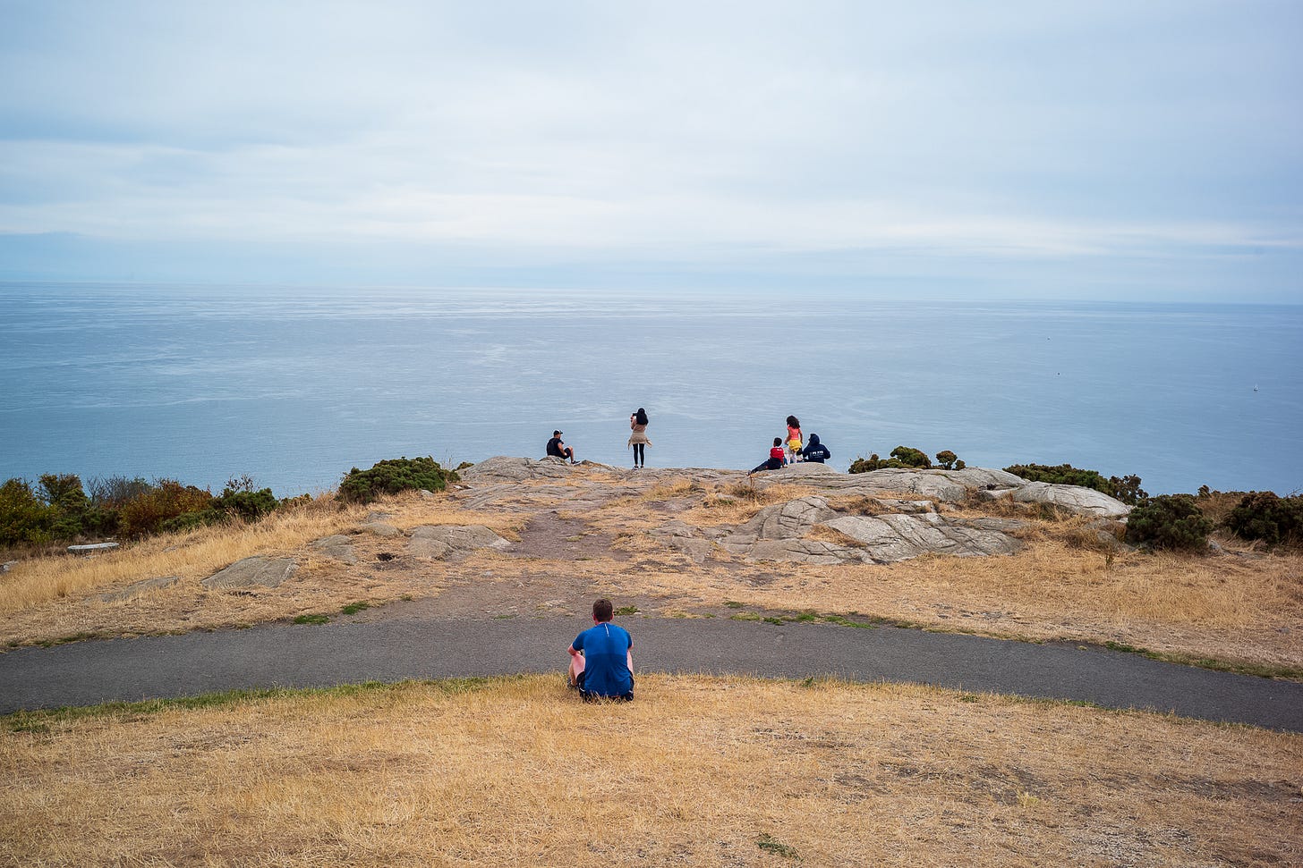 A sweaty runner wearing blue, with his back to the camera, and a few people in front of him, look out from a brown grass rocky hill over a water