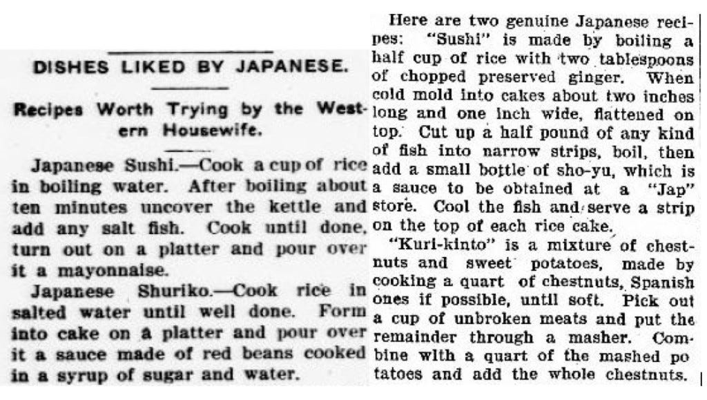 Two sushi recipes sent out through syndication and published on the women's pages in American newspapers in 1906