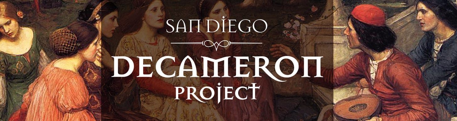 painting showing several Renaissance-era looking men and women sitting in a courtyard with overlaying text that says San Diego Decameron Project