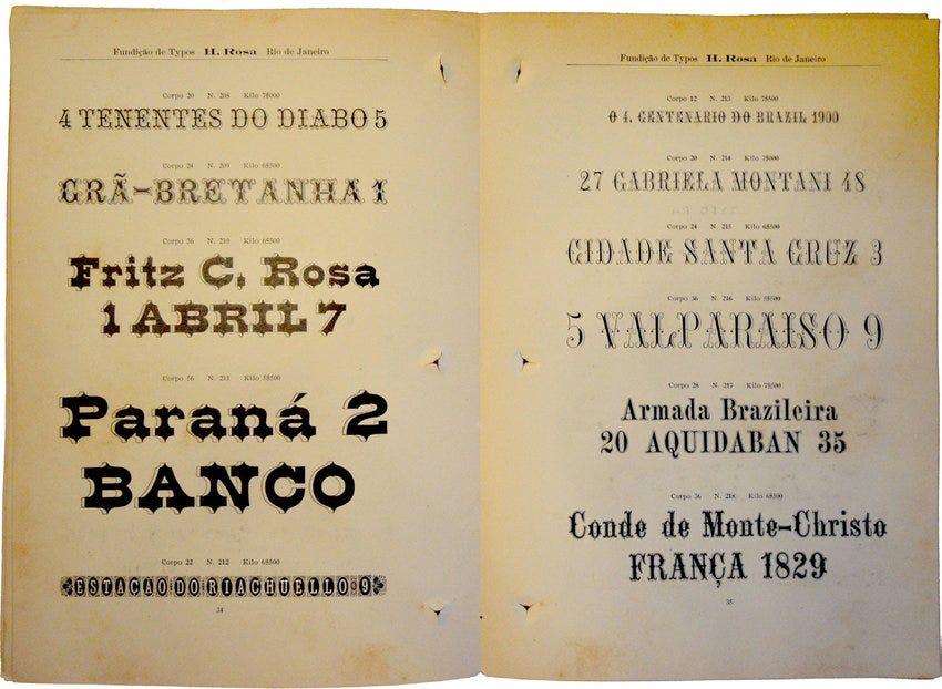 Exemplar de specimen de fontes disponíveis para comercialização pela Fundição de Tipos Henrique Rosa, de 1910.