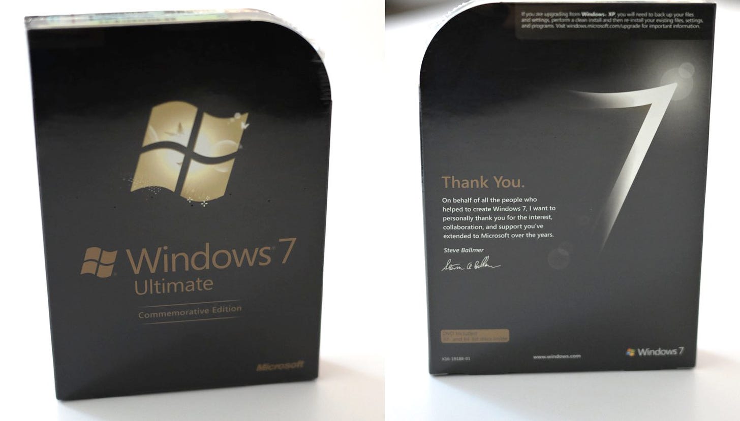 ImageA retail packaged box of Windows 7 with a thank you from Steve Ballmer printed on it.
