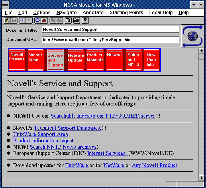 NCSA Mosaic for Windows showing Netware documentation on the novell web site.