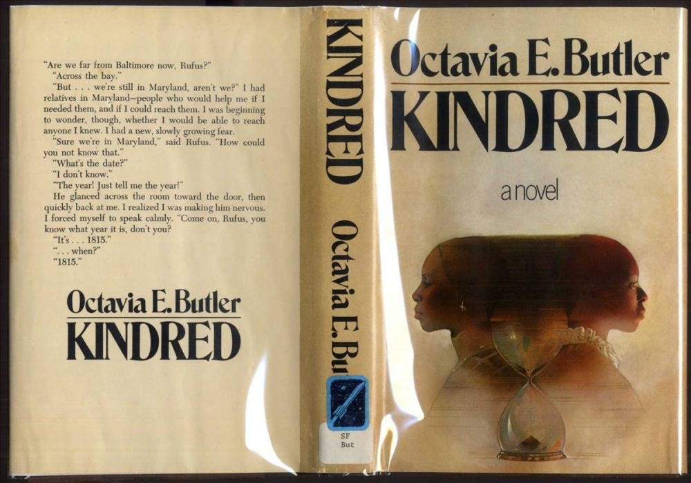 This image shows the front and back covers of Kindred's 1979 first-edition hardback book, featuring artwork by Larry Schwinger, whose illustration shows two images of protagonist Dana Franklin back-to-back, facing away from one another, with an hourglass between them.