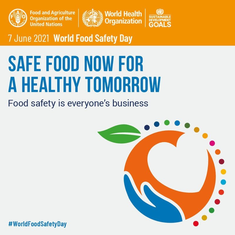 Poster for World Food Safety Day. Safe food now for a healthy tomorrow. Food safety is everyone's business. 