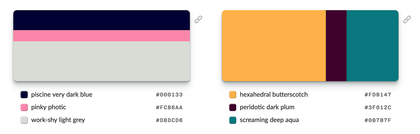 side by side color palettes with names for each color below