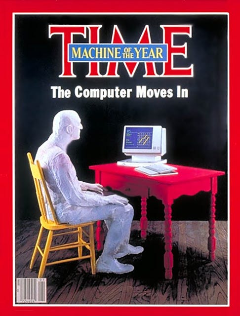 Time Magazine cover 3rd January 1982 featuring the personal computer on a desk with a man sitting on a chair looking at its monitor