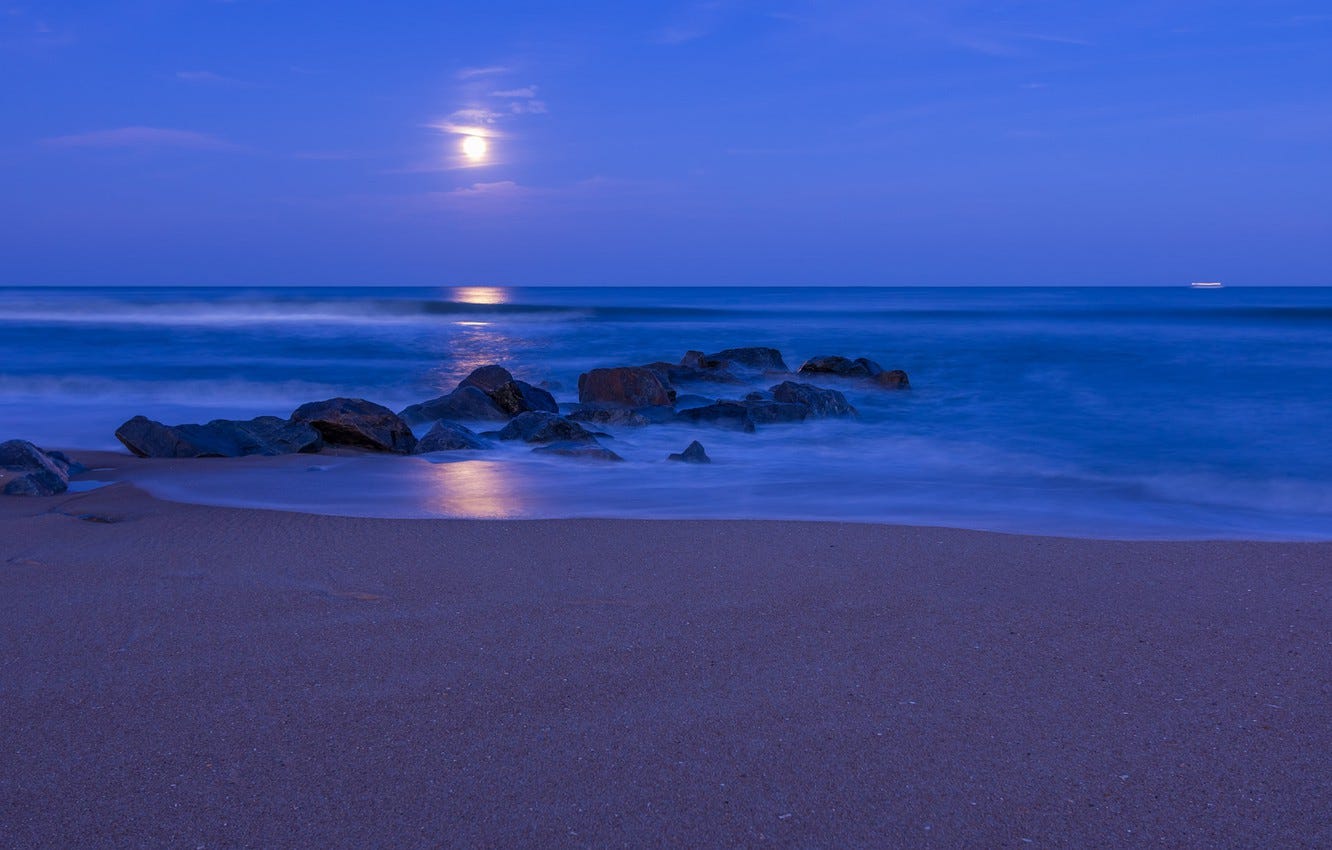 Wallpaper sand, beach, the sky, clouds, night, stones, the moon, shore, The  ocean, blue images for desktop, section пейзажи - download