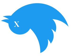 The Twitter logo, rotated and with an X for an eye as if it’s dead.