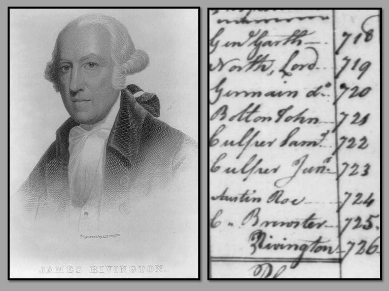 Two photos are shown side-by-side: The first is a headshot of James Rivington. The second is a screenshot of Benjamin Tallmadge’s secret code book. It shows the code for Rivington.