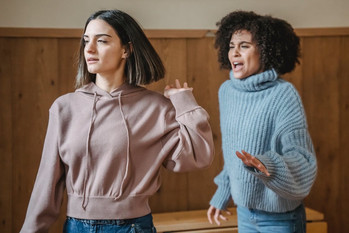 Free Mad African American female in warm sweater screaming at irritated female while having argument in light room with wooden walls Stock Photo