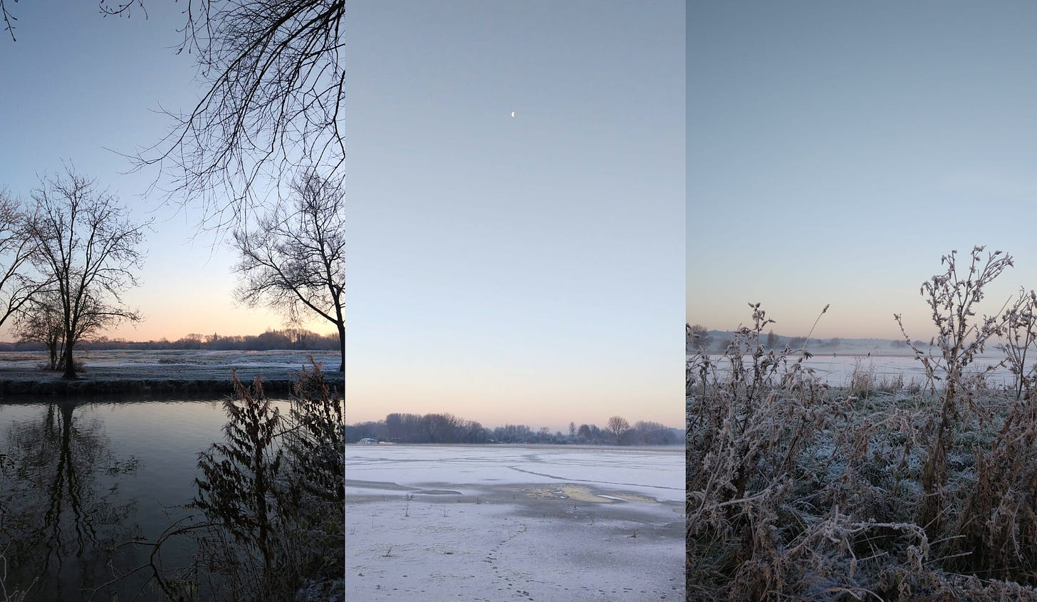 Wintry scenes of Port Meadow, Oxford at sunrise