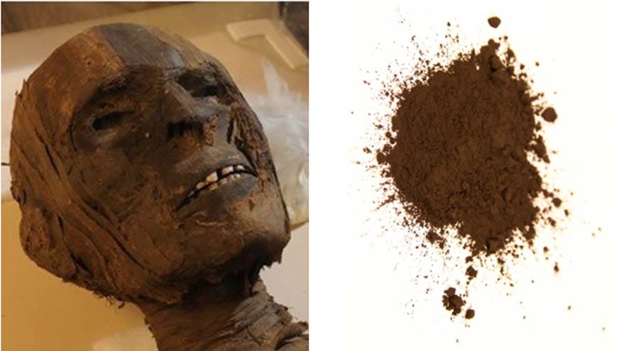 Left: An unknown Egyptian mummy.  Right: Modern equivalent of Mummy Brown pigment. Source: michal812 / Adobe Stock