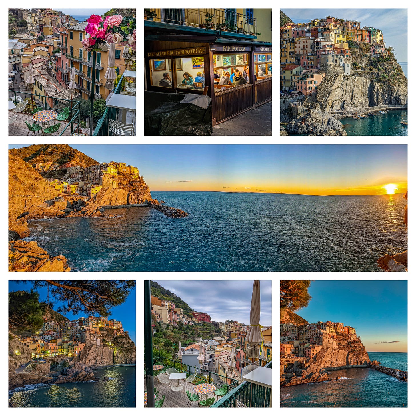 A collection of photos of Manarola at sunset. Most show the light on the village and the ocean but one shows a group of people in a cafe. 