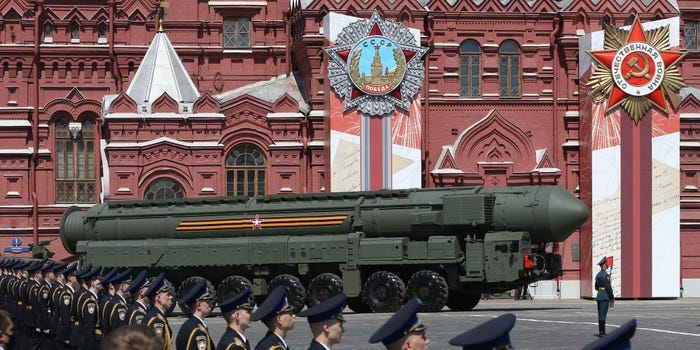 A Russian nuclear missile is seen during a parade in Moscow.