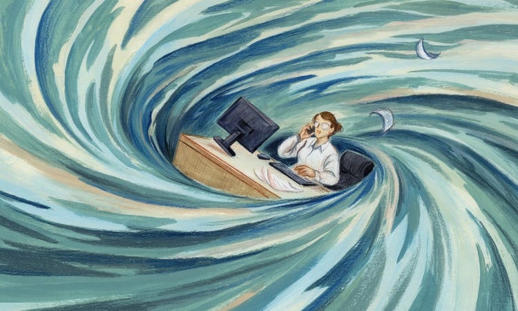 a person at a work desk consumed by swirling blue sea