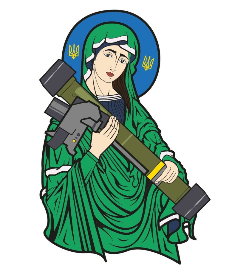 An illustration of Saint Javelin, which depicts the Virgin Mary holding a Javelin missile