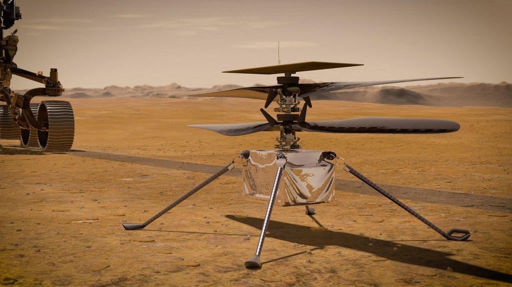 In this illustration, NASA's Ingenuity Mars Helicopter stands on the Red Planet's surface as NASA's Perseverance rover (partially visible on the left) rolls away.