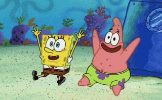 Gif of SpongeBob and Patrick Starfish cheering and raising their arms up and down 