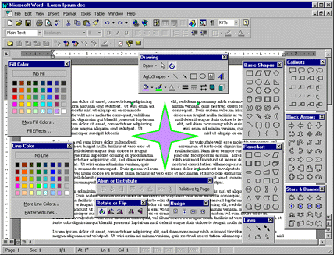 Screen shot of Office 97 showing all the Office Art command bars open.