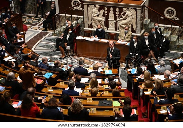 Paris , France – September 29, 2020 : Members of French Parliament attend during session with French Prime Minister Jean Castex at French National Assembly