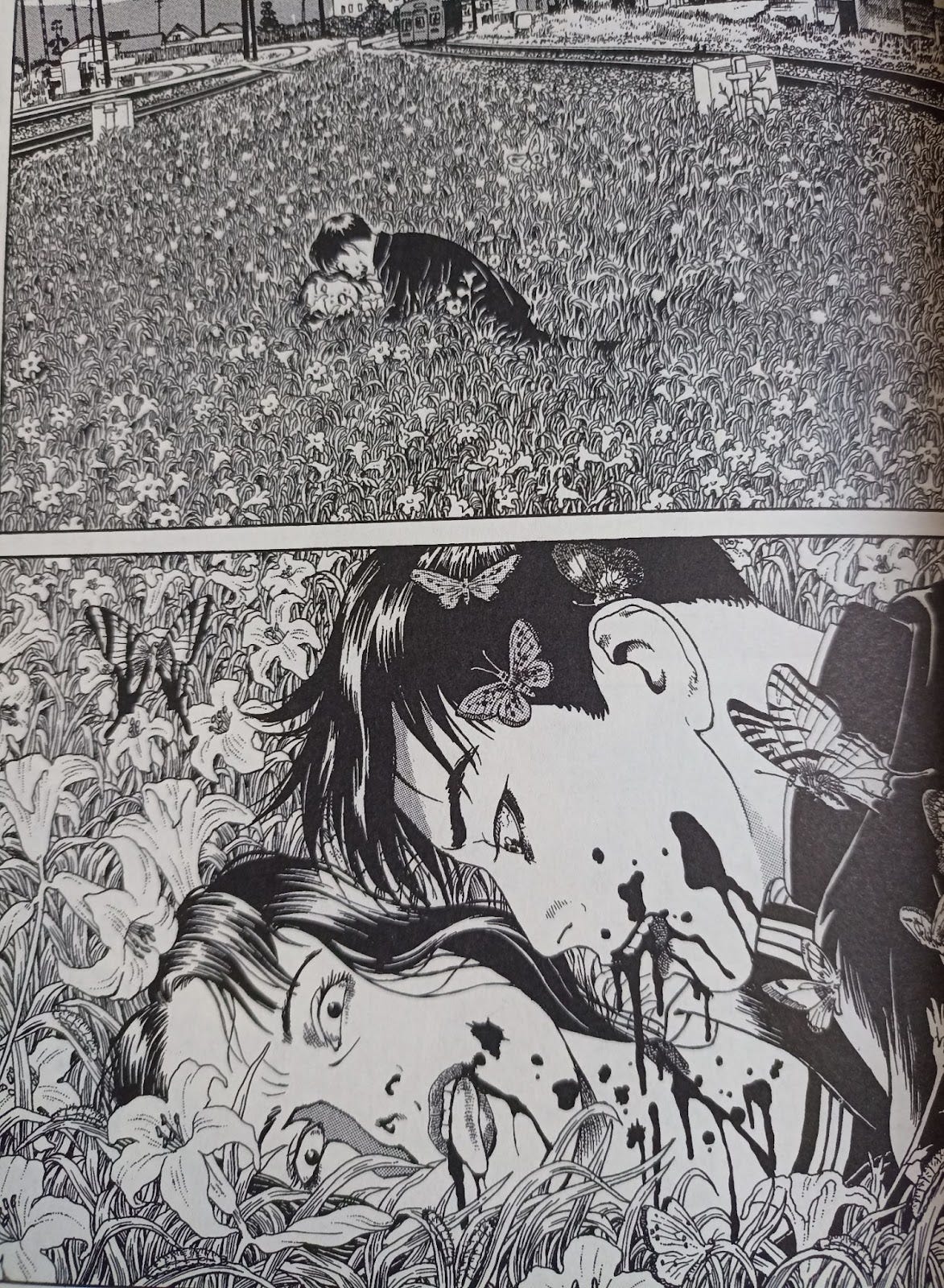 Dos paneles del comic donde el vampiro Mori le está chupando la sangre del cuello a una mujer, en medio de un campo de lirios. La segunda imagen es un plano de cerca de la primera.