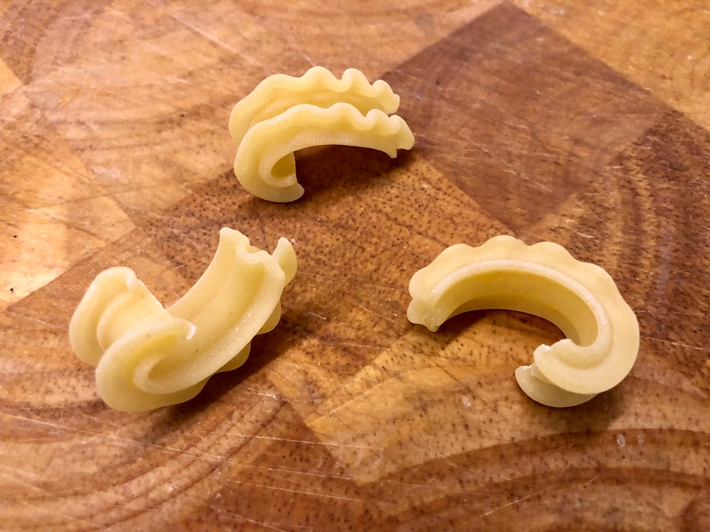 Three uncooked cascatelli. They are short, curly cut pasta. On the back of each curl there is a pair of ruffles that runs the length of the noodles, forming a kind of trough or channel.