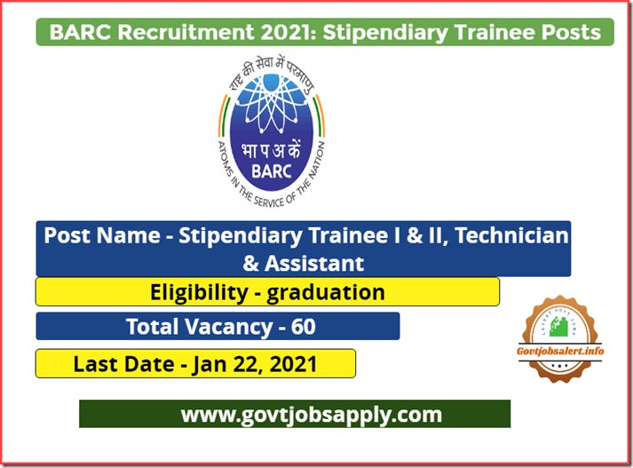 BARC Recruitment 2021: Stipendiary Trainee Posts 