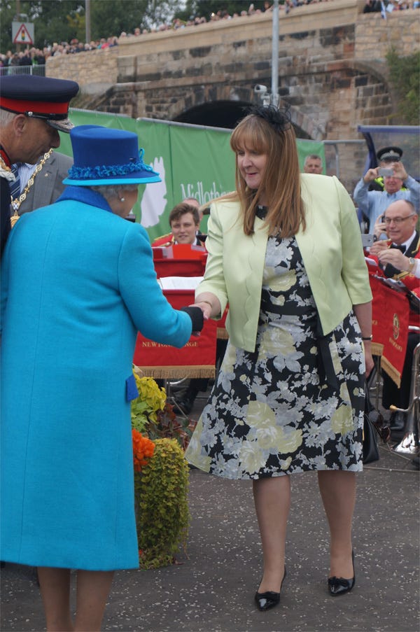 The queen shook hands with the council leader, Councillor Catherine Johnstone, who often attends Moorfoot Community Council meetings.