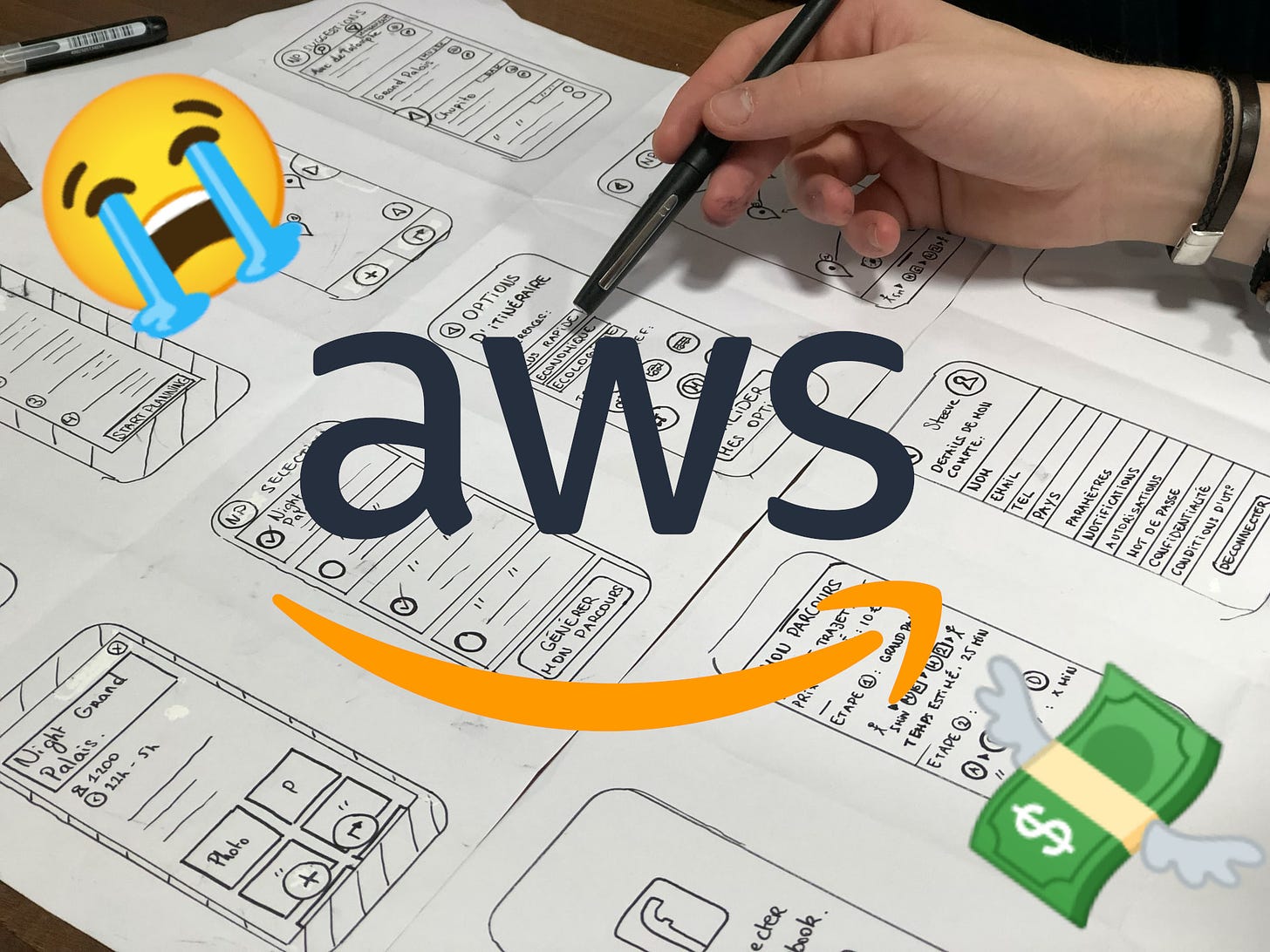 Imagem de uma pessoa trabalhando com lápis na mão, papel e desenho de interface. Logo da Amazon no meio