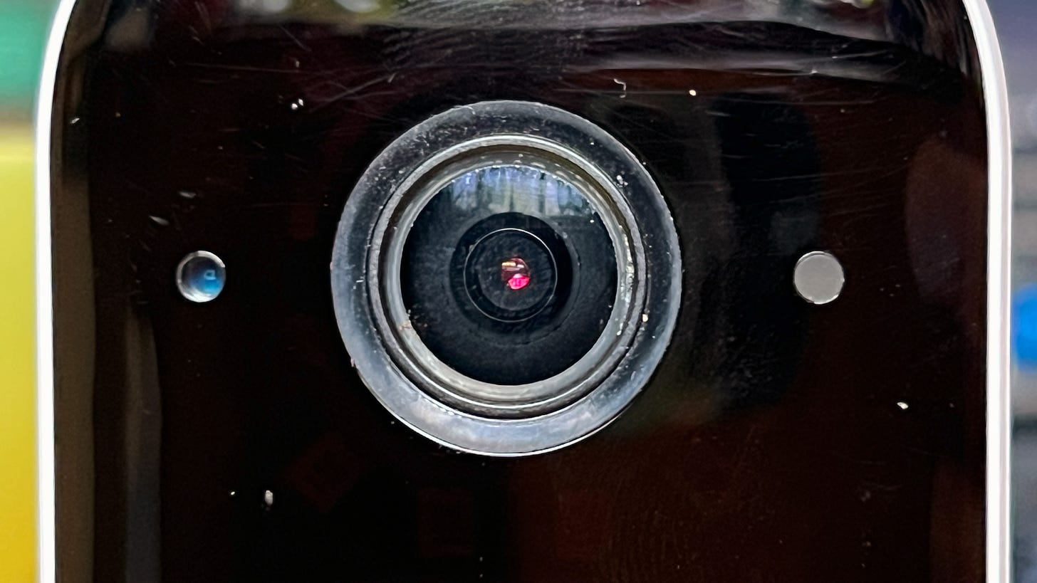 A HAL 9000-style close-up of a EufyCam 2C Pro