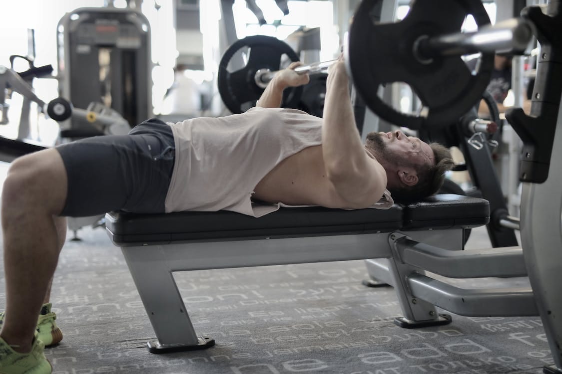 Free Strong sportsman working out on bench in modern gym Stock Photo