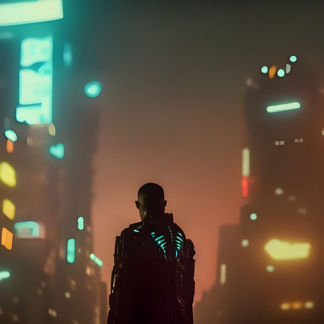 A cinematic still of a Seeker made using Nightcafe in a Blade Runner 2049 style.