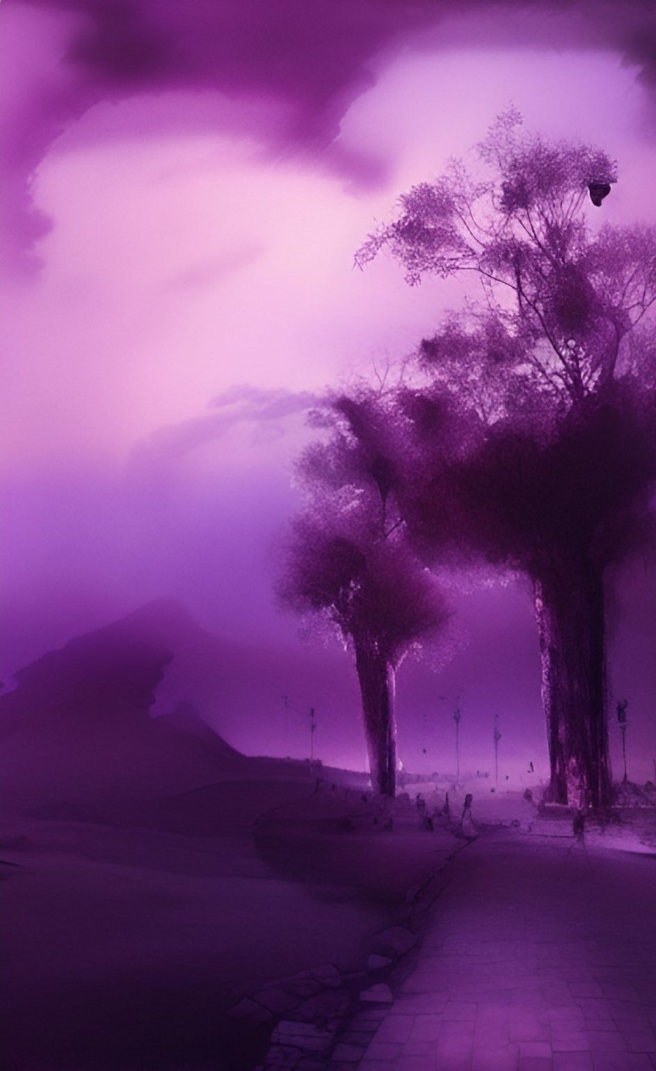 Landscape image with desolate vibe and defoliated trees against a purple cloudy sky.