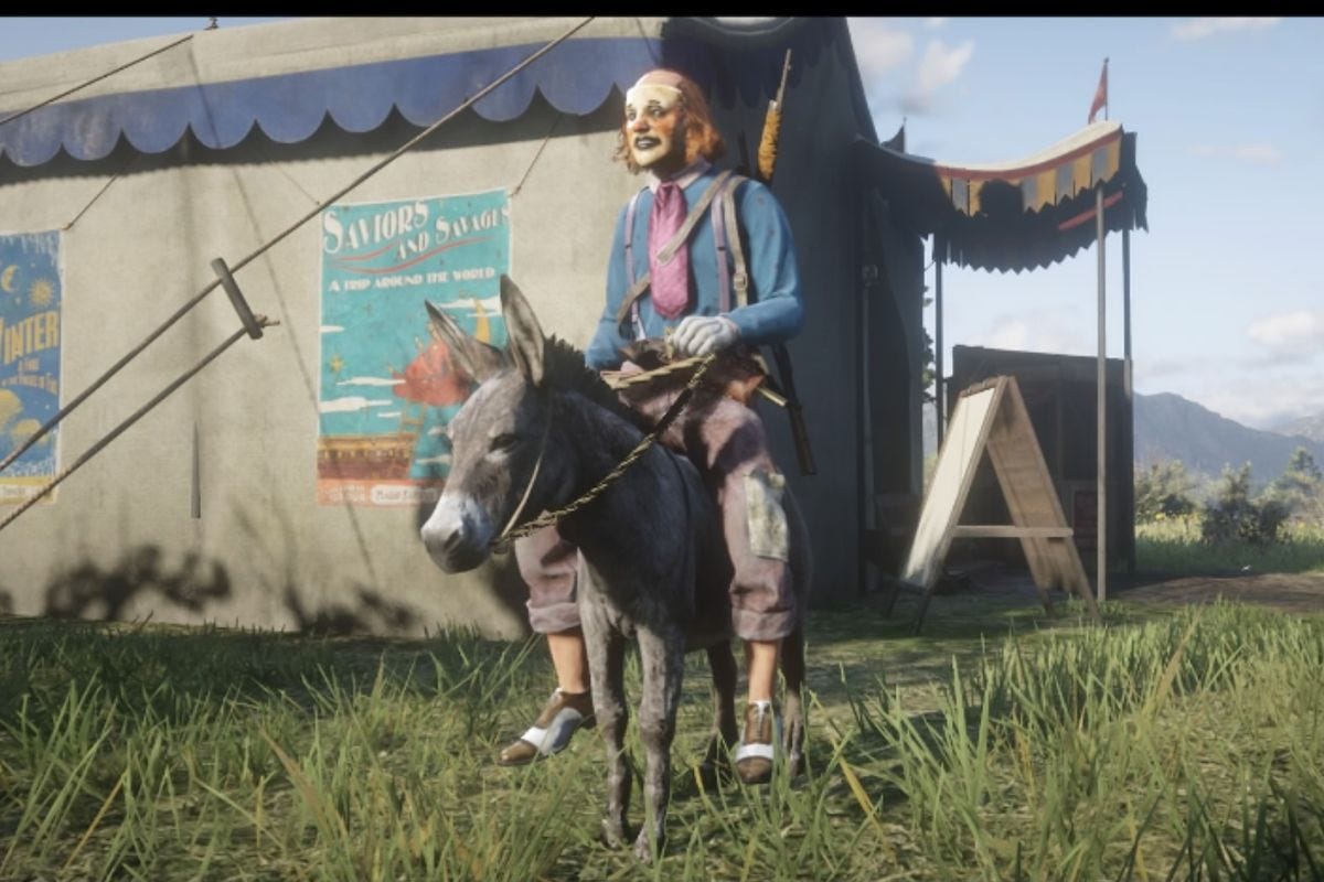 A clown in Red Dead Online sits on a donkey.