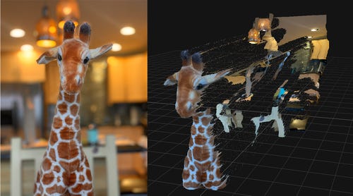 Plush giraffe in front of a kitchen. The giraffe is now in focus, and the background looks artistically blurred. Right: Depth map showing that the giraffe is indeed in the foreground.