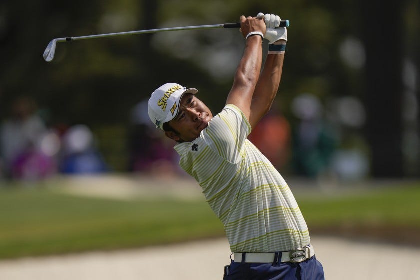 Hideki Matsuyama hits off the third tee during the final round of the Masters at Augusta National Golf Club.