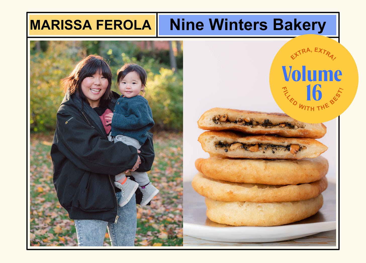 A graphic with a photo of Marissa Ferola next to a stack of homemade black sesame-filled hotteok