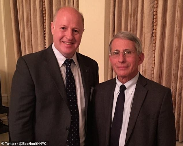 EcoHealth Alliance, run by British zoologist Peter Daszak, funded studies in Wuhan – the Chinese city where the pandemic began – on manipulated coronaviruses. The boss of EcoHealth Alliance, Peter Daszak, shown left, is known to be close to Dr Anthony Fauci (right)