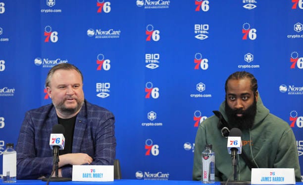 Daryl Morey, President of Basketball Operations and James Harden of the Philadelphia 76ers speak to the media during a press conference on February...